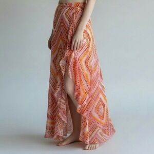 AllSaints Sara Luisa Maxi Skirt US 6 Pink Orange Geometric Ruffle Slit EUC